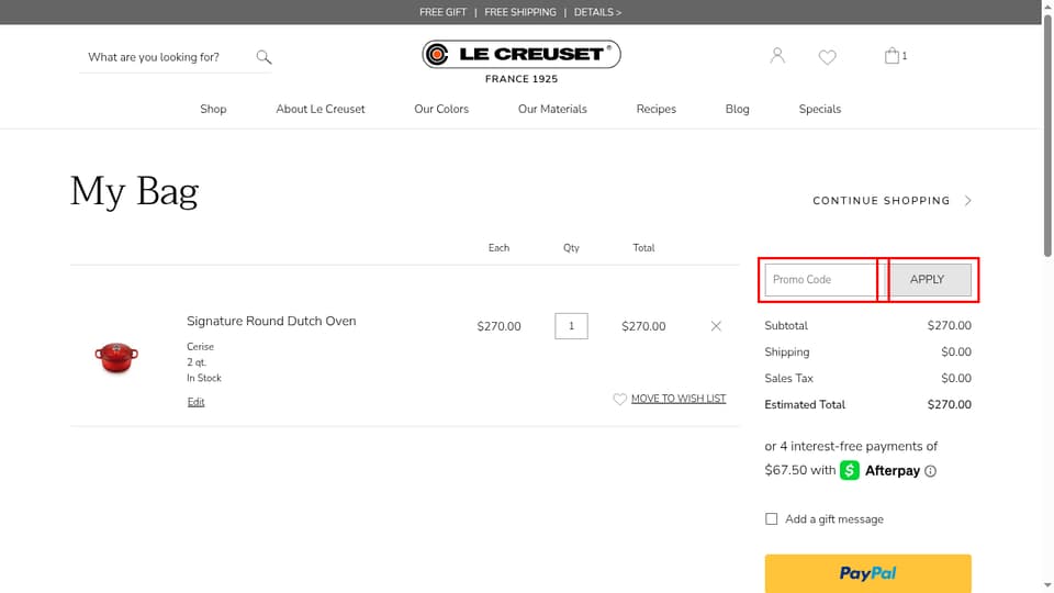 Le Creuset checkout page showing the Promo Code field and Apply button