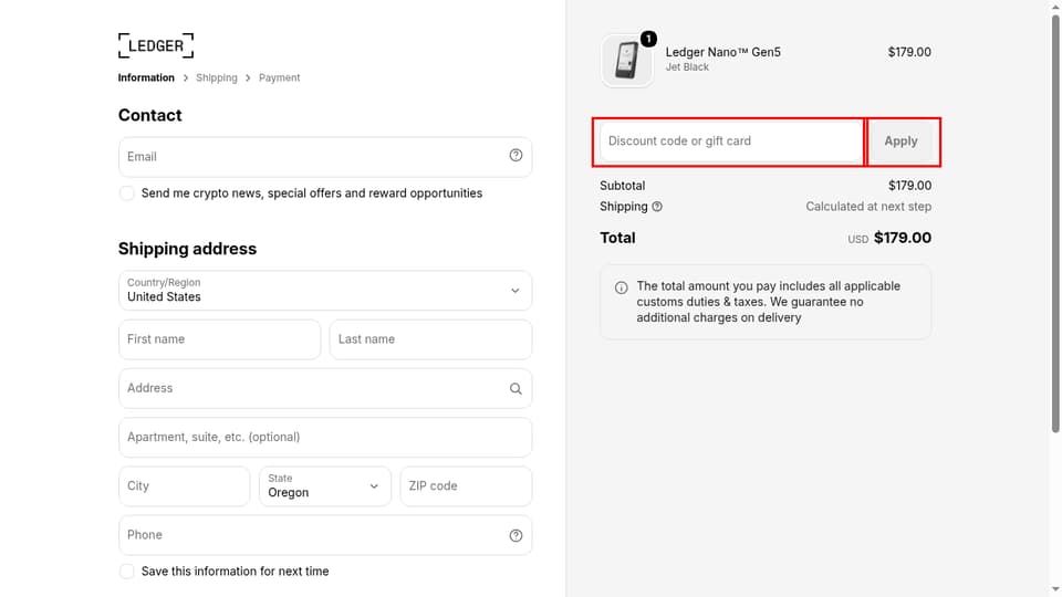 Ledger checkout page showing the Discount code or gift card field and Apply button