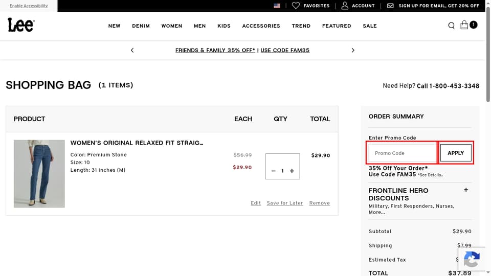 Lee checkout page showing the Promo Code field and APPLY button