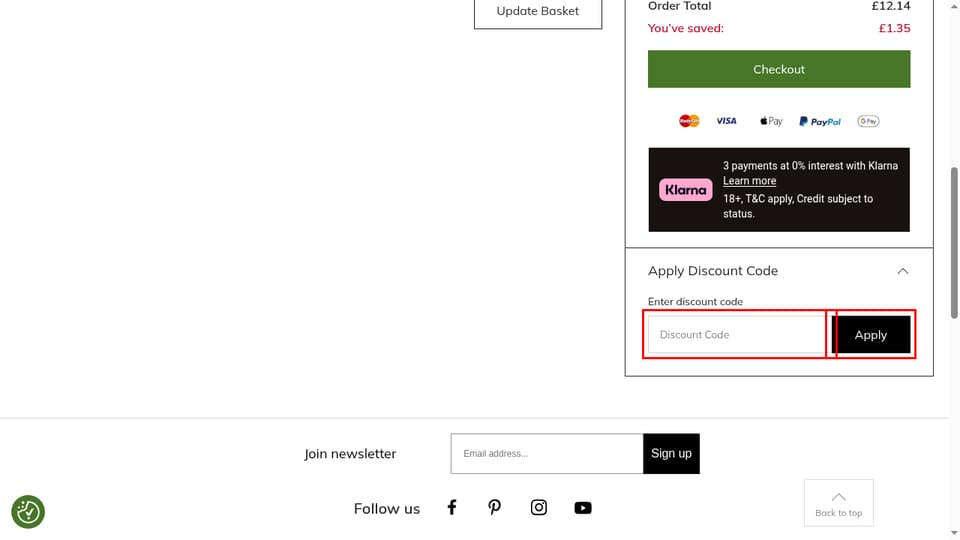 Leekes checkout page showing the Discount Code field and Apply button