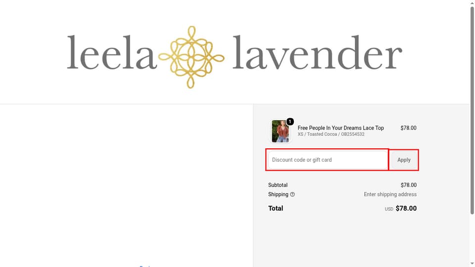 Leela & Lavender checkout page showing the Discount code or gift card field and Apply button