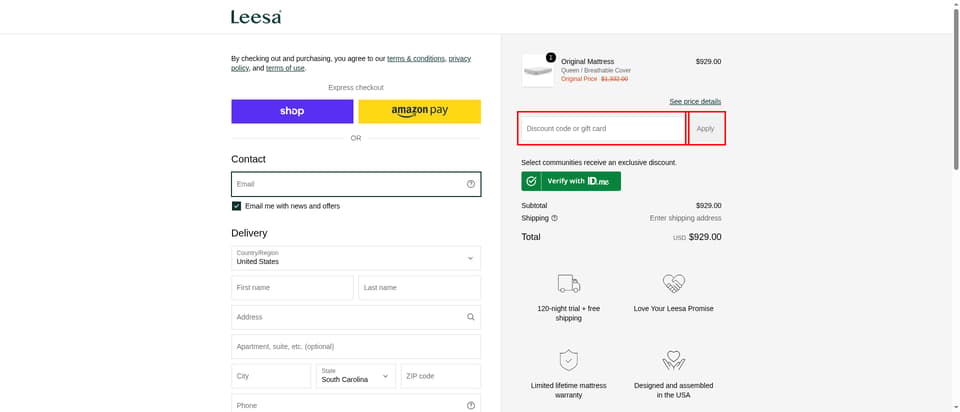 Leesa checkout page showing the Discount code or gift card field and Apply button