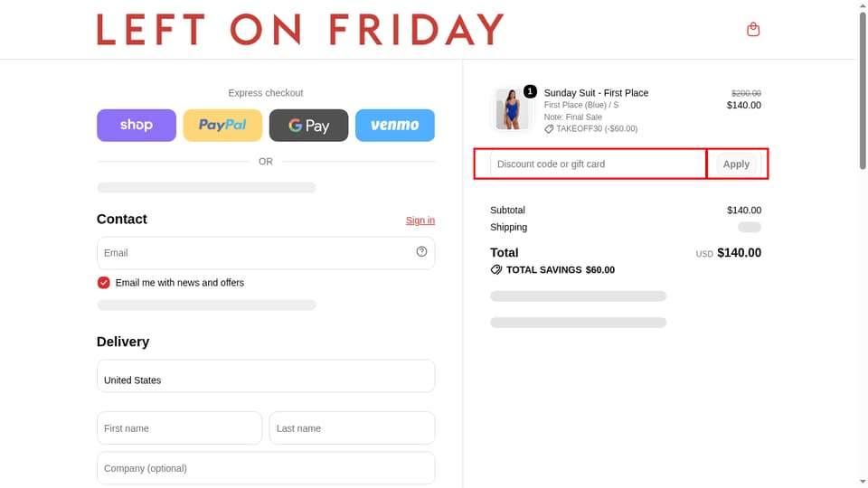 Left On Friday checkout page showing the Discount code or gift card field and Apply button