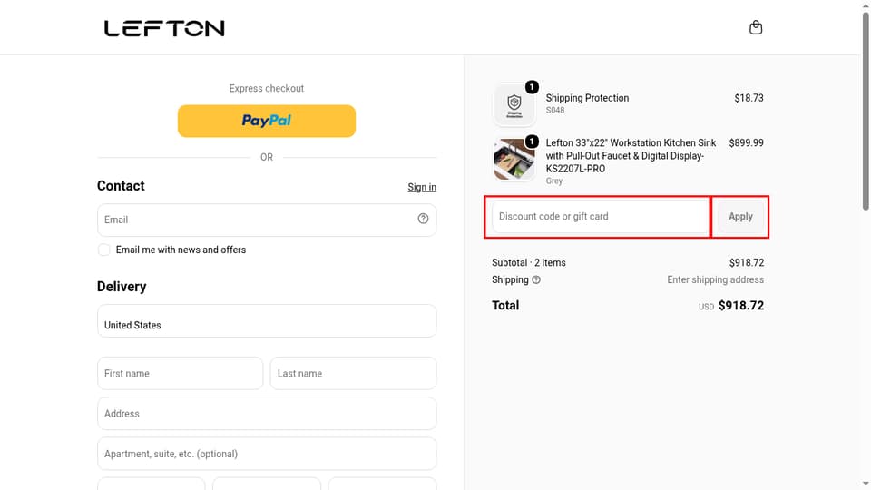 Lefton Home checkout page showing the Discount code or gift card field and Apply button