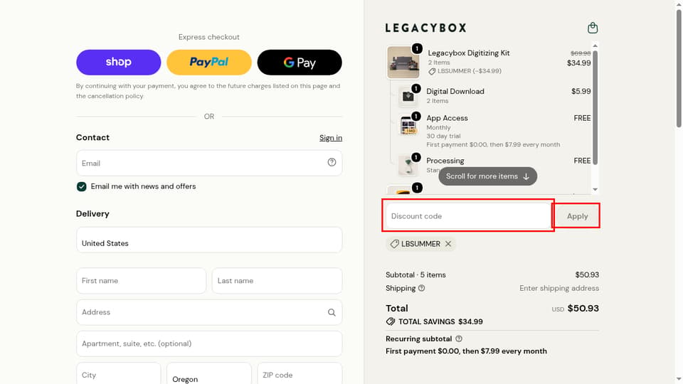 Legacybox checkout page showing the Discount code field and Apply button