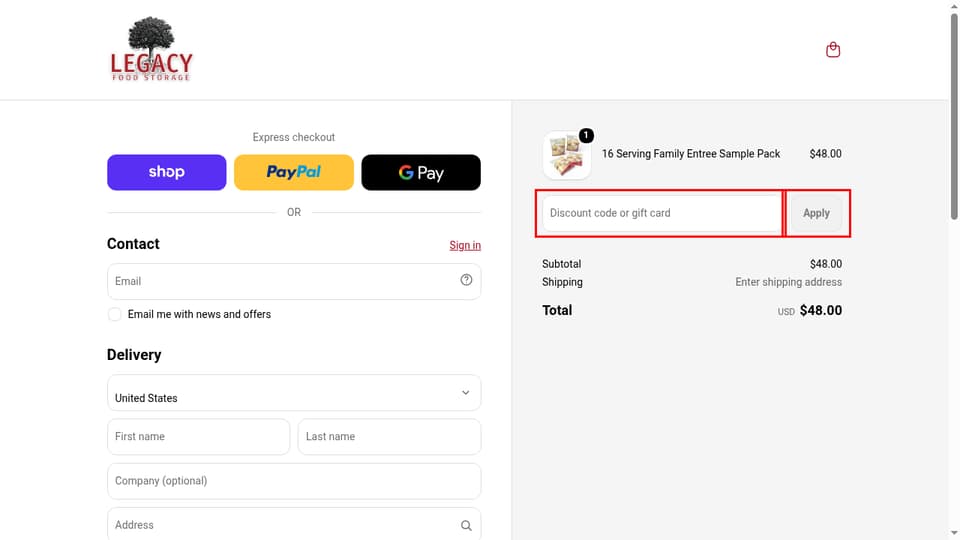Legacy Food Storage checkout page showing the Discount code or gift card field and Apply button