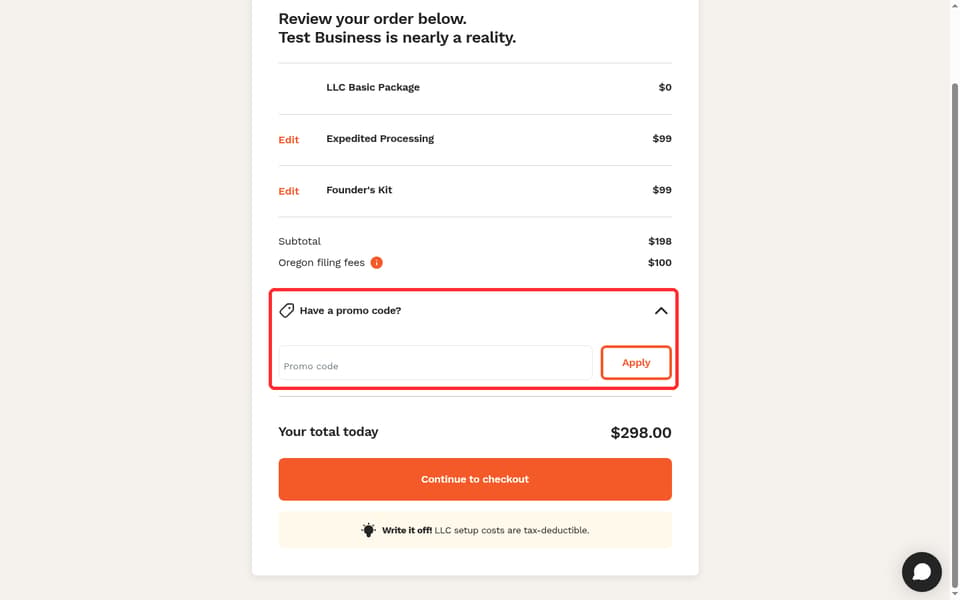 LegalZoom checkout page showing the Promo code field and Apply button