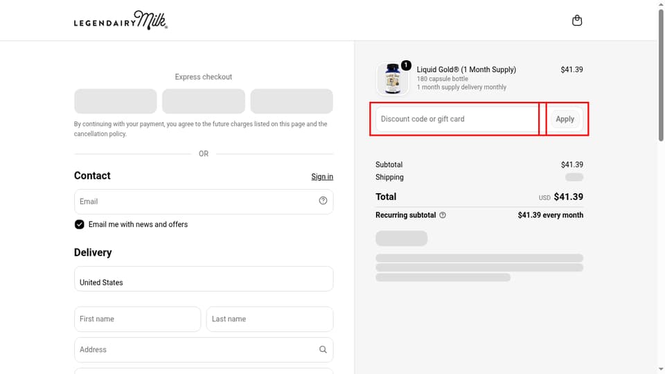 Legendairy Milk checkout page showing the Discount code or gift card field and Apply button