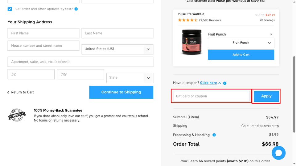 Legion Athletics checkout page showing the Gift card or coupon field and Apply button