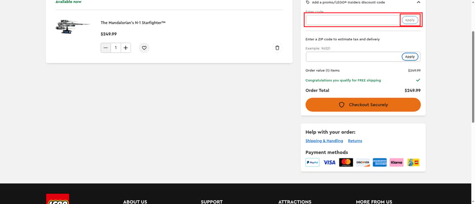 LEGO checkout page showing the 