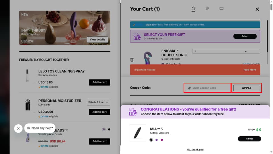 LELO checkout page showing the Enter Coupon Code field and APPLY button