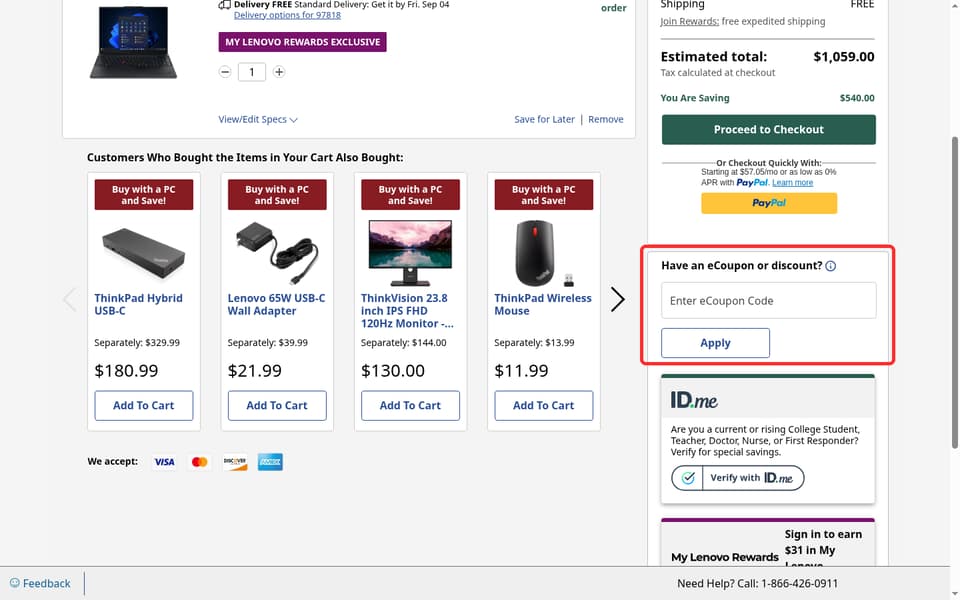 Lenovo checkout page showing the Enter eCoupon Code field and Apply button