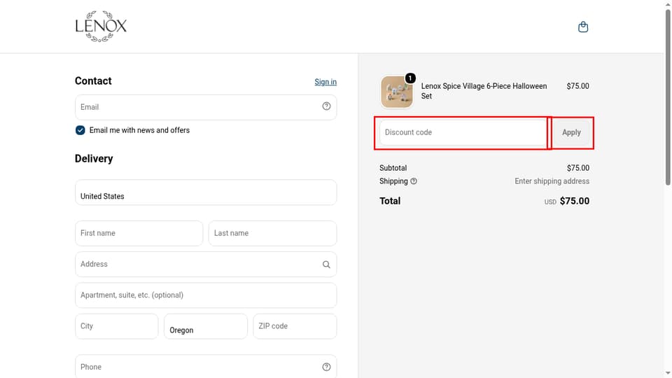 Lenox checkout page showing the Discount code field and Apply button
