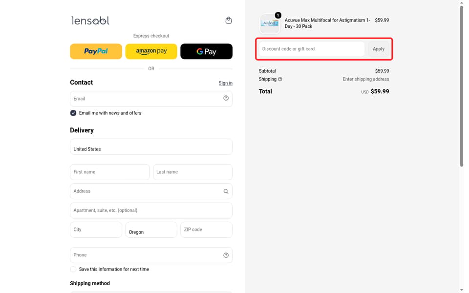 Lensabl checkout page showing the Discount code or gift card field and Apply button