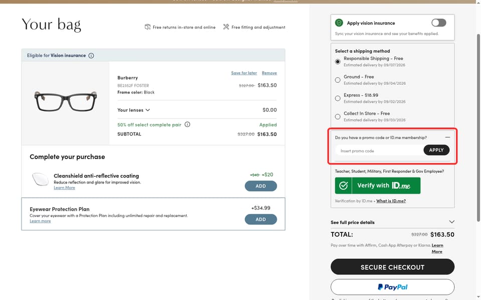 LensCrafters checkout page showing the Insert promo code field and Apply button