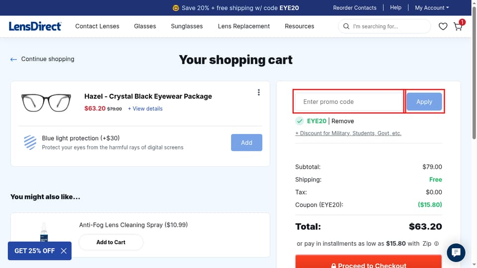 LensDirect checkout page showing the Enter promo code field and Apply button