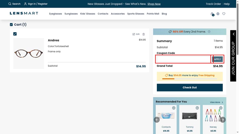 Lensmart checkout page showing the Coupon Code field and APPLY button