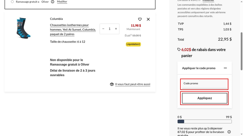 L'Equipeur checkout page showing the Code promo field and Appliquez button