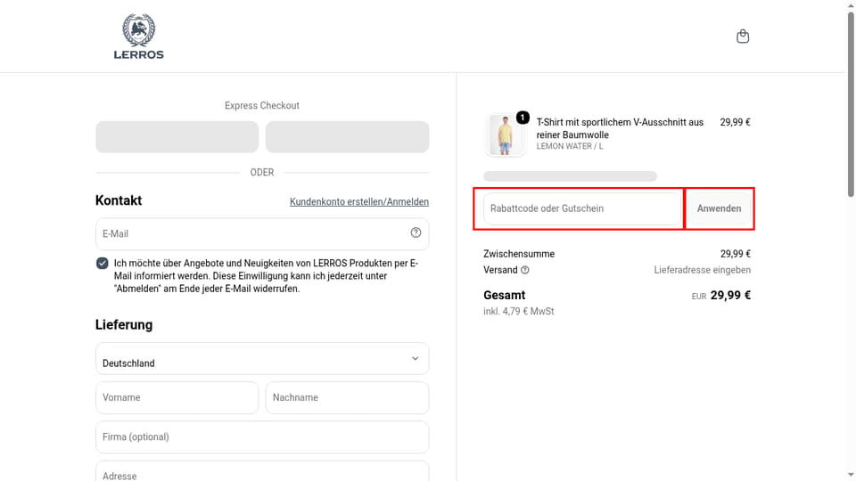 LERROS checkout page showing the Rabattcode oder Gutschein field and Anwenden button