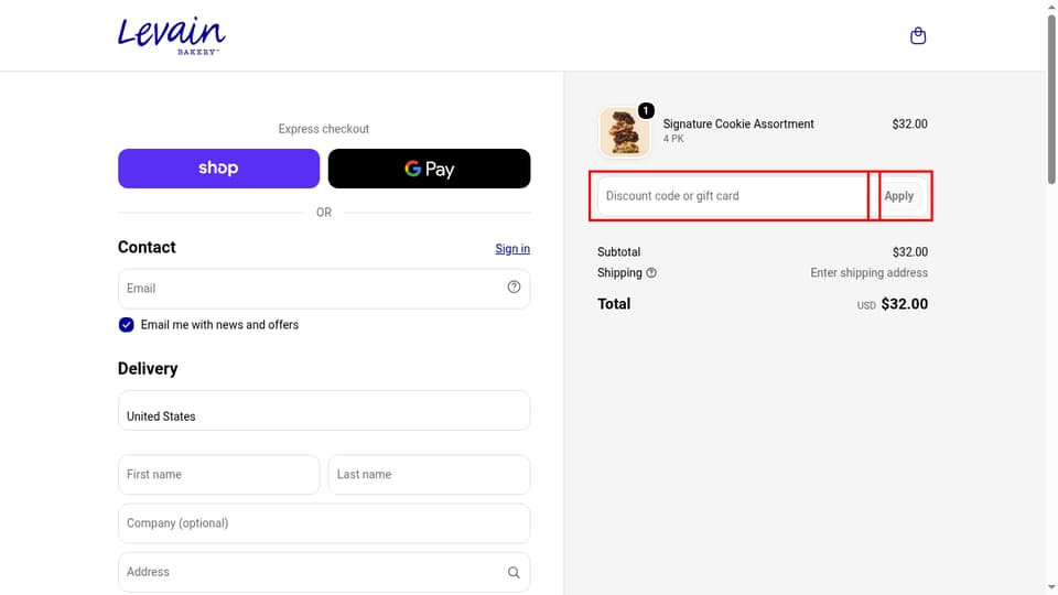 Levain Bakery checkout page showing the Discount code or gift card field and Apply button