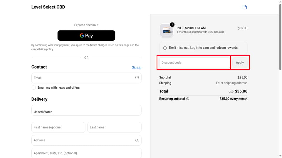 Level Select CBD checkout page showing the Discount code field and Apply button