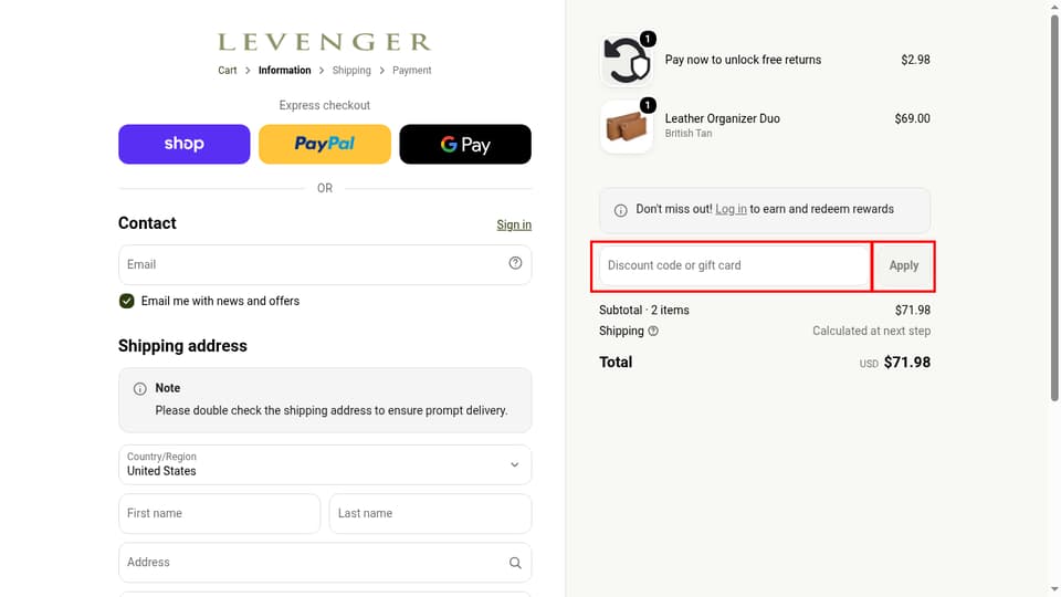 Levenger checkout page showing the Discount code or gift card field and Apply button