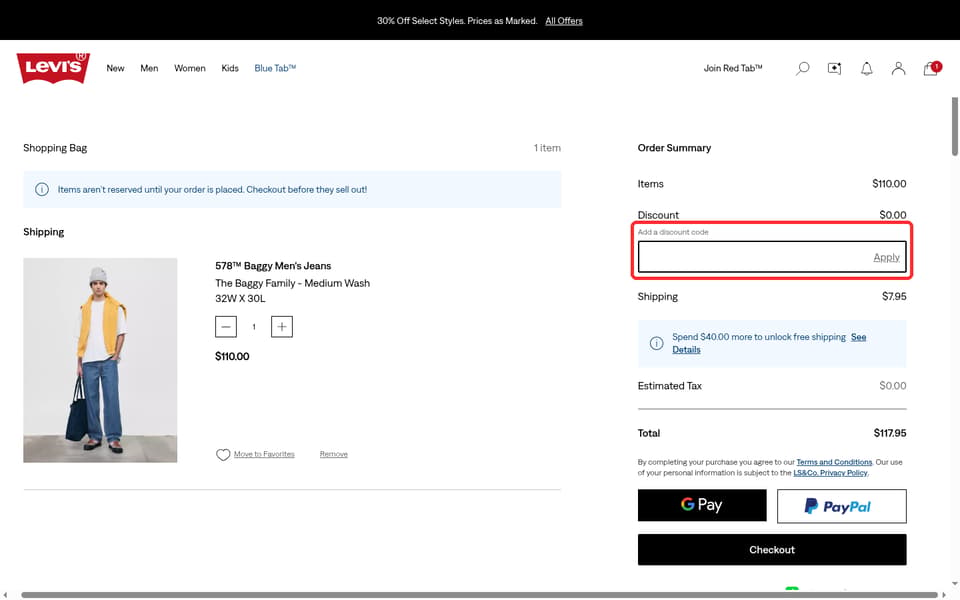 Levi's checkout page showing the Add a discount code field and Apply button