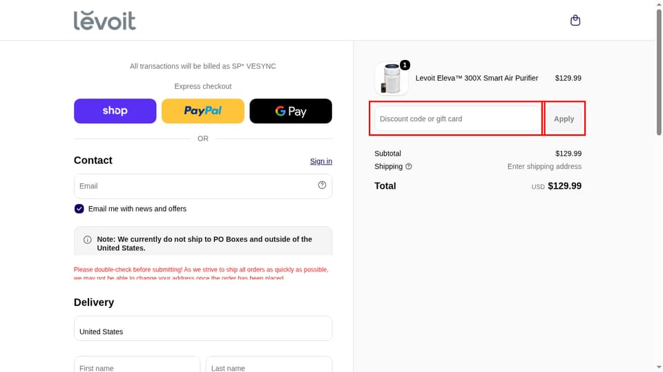 Levoit checkout page showing the Discount code or gift card field and Apply button