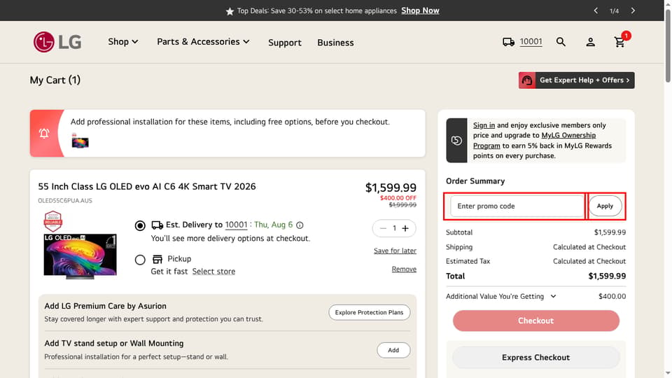 LG checkout page showing the Enter promo code field and Apply button