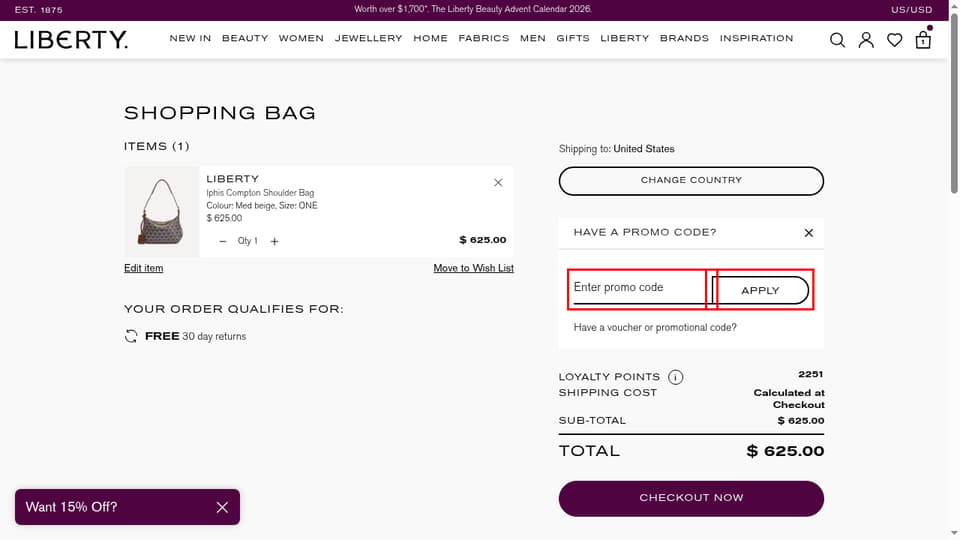Liberty London checkout page showing the e.g CODE123 field and Apply button