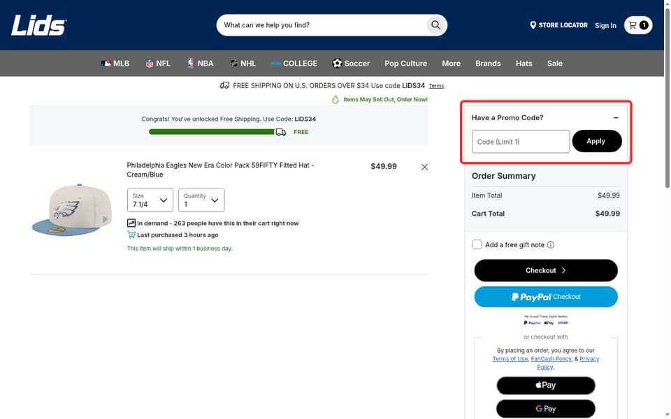 Lids checkout page showing the Code (Limit 1) field and Apply button