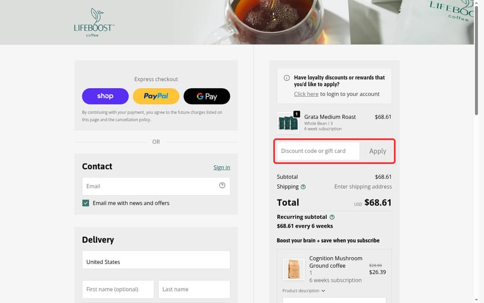 Lifeboost Coffee checkout page showing the Discount code or gift card field and Apply button