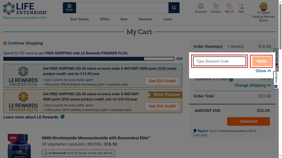 Life Extension checkout page showing the Type Discount Code field and Apply button
