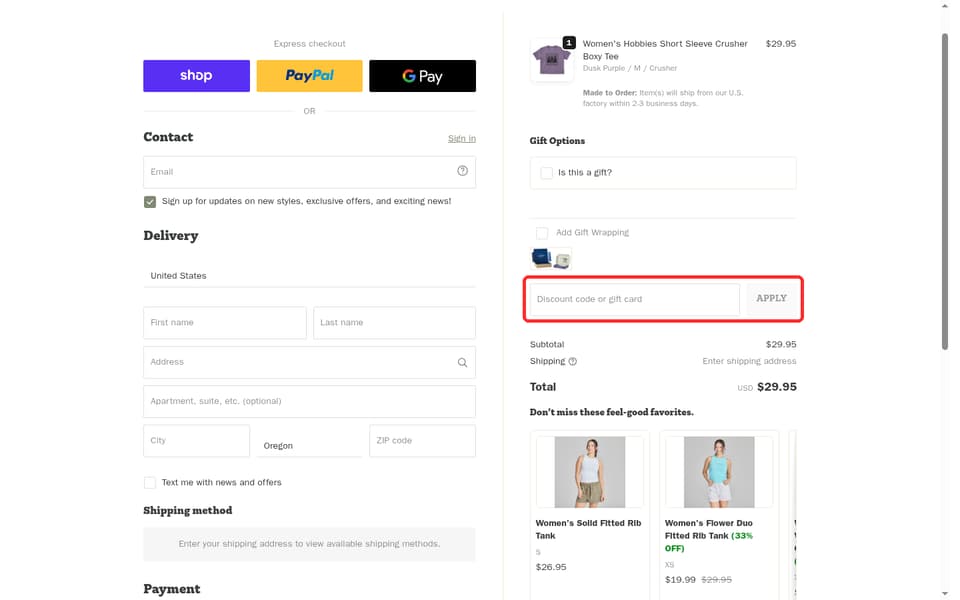 Life is Good checkout page showing the Discount code or gift card field and Apply button