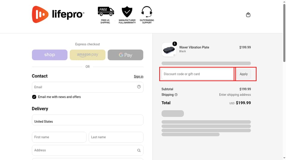 Lifepro Fitness checkout page showing the Discount code or gift card field and Apply button