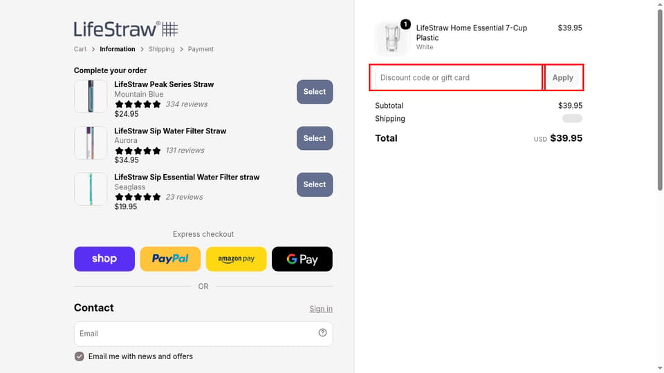 LifeStraw checkout page showing the Discount code or gift card field and Apply button