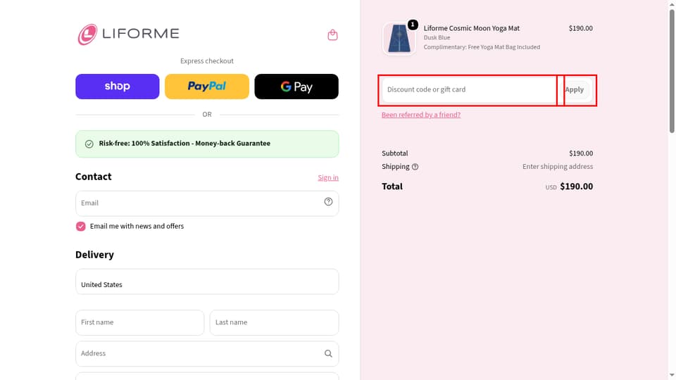 Liforme checkout page showing the Discount code or gift card field and Apply button