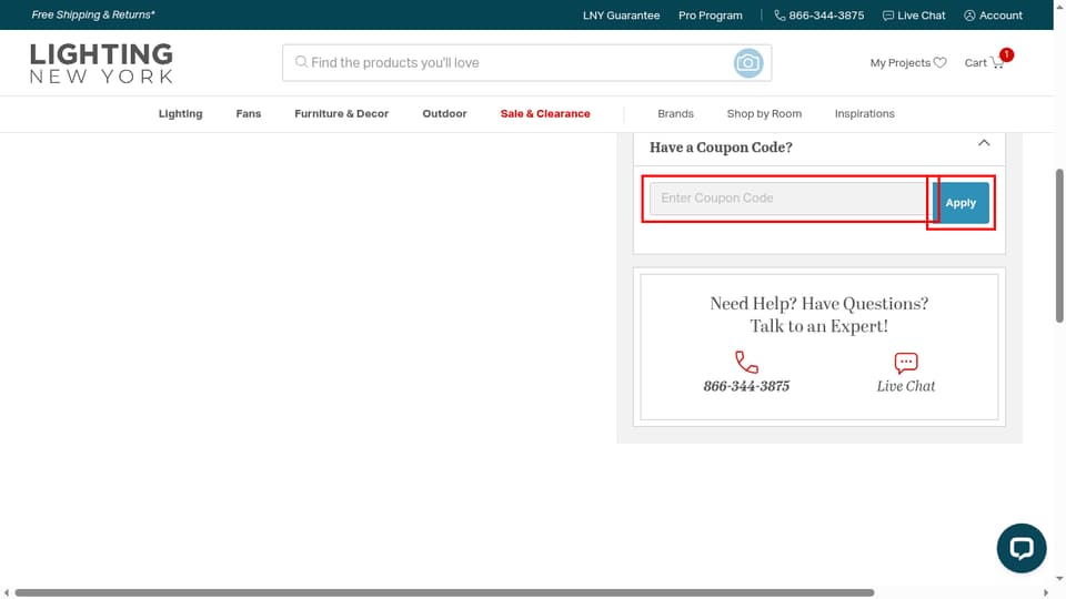 Lighting New York checkout page showing the Enter Coupon Code field and Apply button