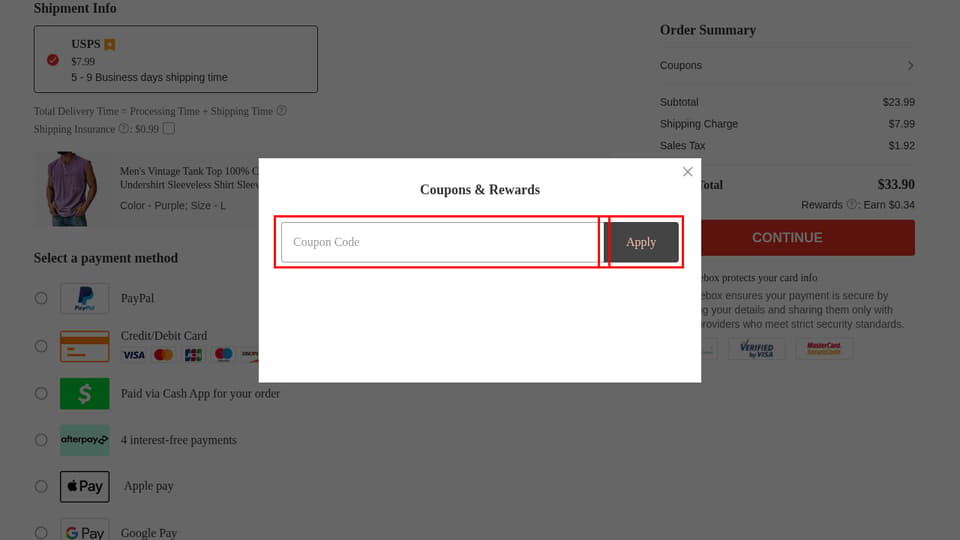 Light in the Box checkout page showing the Coupon Code field and Apply button