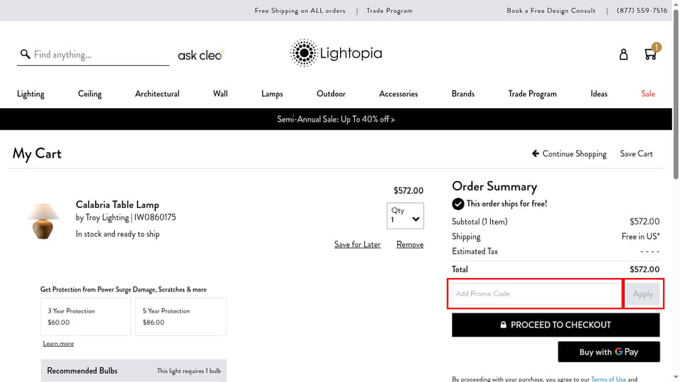 Lightopia checkout page showing the Add Promo Code field and Apply button