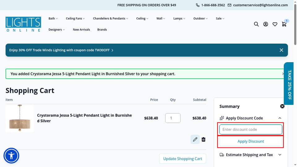 Lights Online checkout page showing the Enter discount code field and Apply Discount button