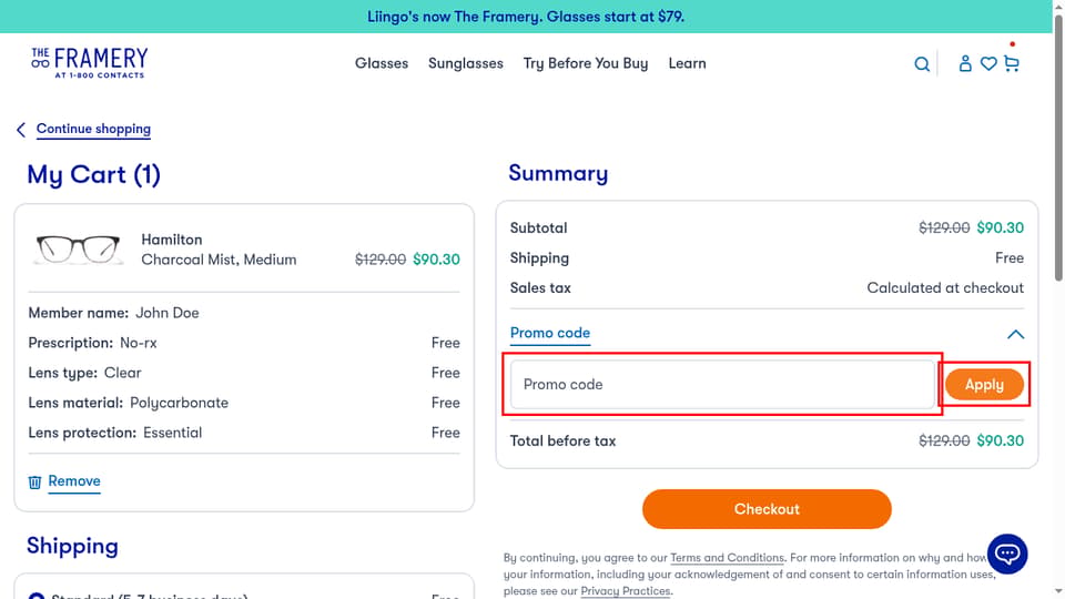 Liingo Eyewear checkout page showing the Promo code field and Apply button