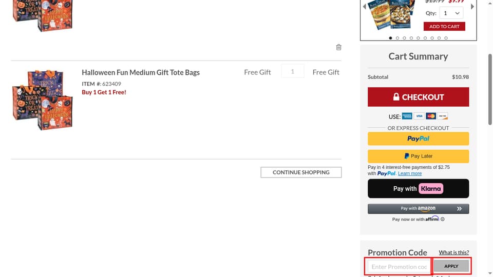 Lillian Vernon checkout page showing the Enter Promotion code field and Apply button