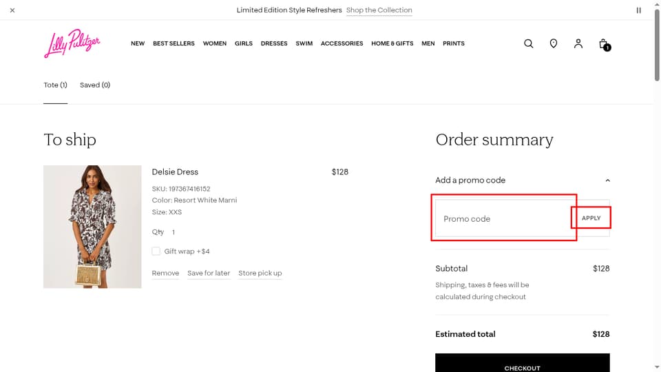 Lilly Pulitzer checkout page showing the Promo code field and Apply button