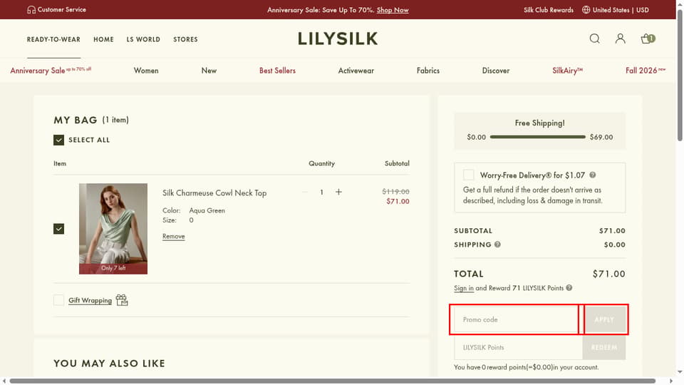 Lily Silk checkout page showing the Promo code field and APPLY button
