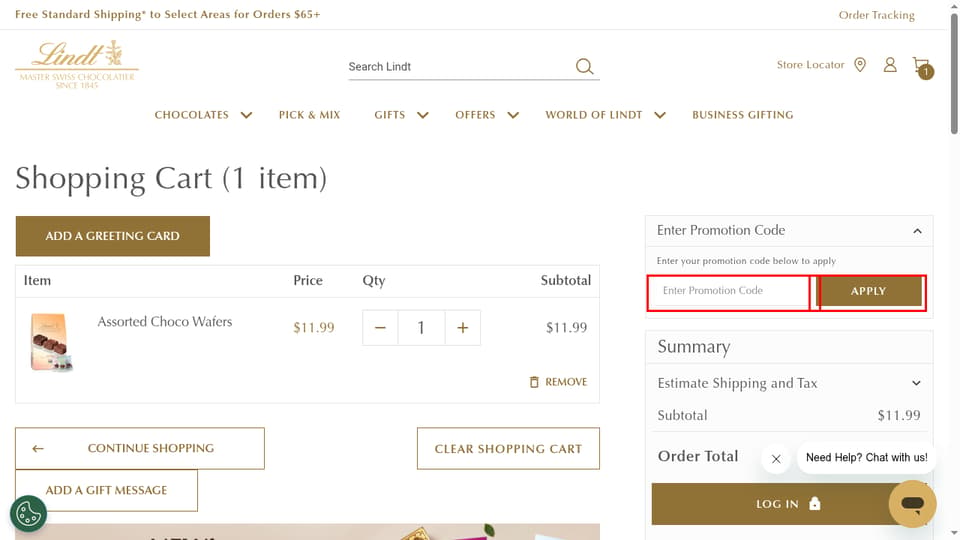 Lindt checkout page showing the Enter Promotion Code field and Apply button
