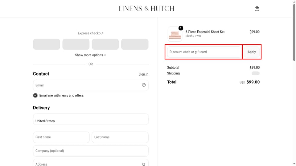 Linens and Hutch checkout page showing the Discount code or gift card field and Apply button
