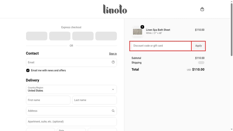 Linoto checkout page showing the Discount code or gift card field and Apply button