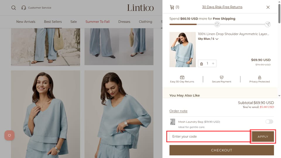 LINTICO checkout page showing the Enter your code field and APPLY button
