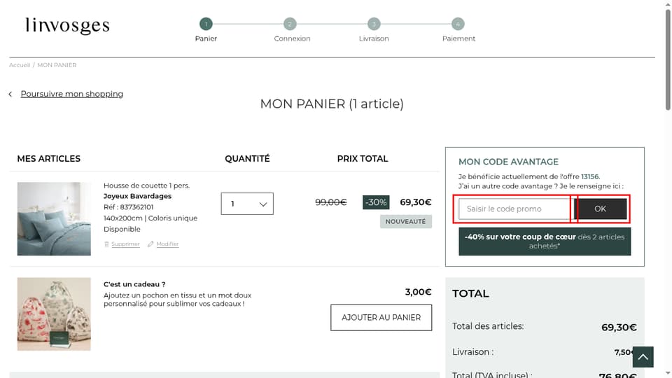 Linvosges checkout page showing the Saisir le code promo field and OK button